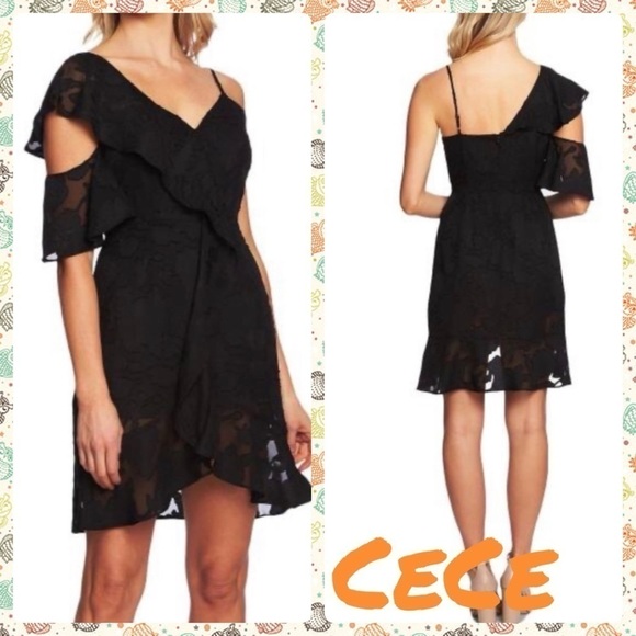 CeCe Cold Shoulder Cascading Ruffle Dress black - Picture 1 of 14